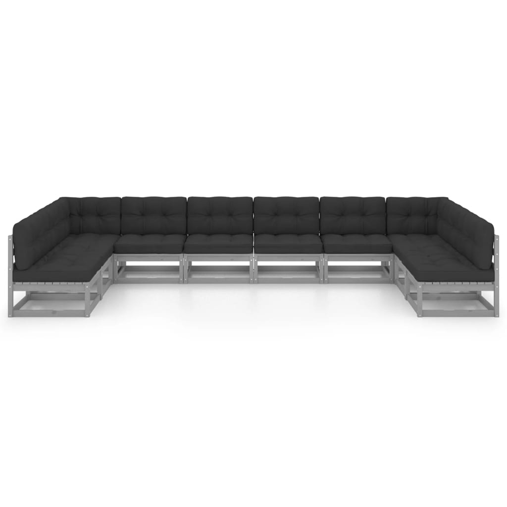 10-tlg. Garten-Lounge-Set mit Kissen Grau Kiefer Massivholz
